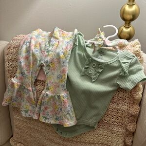 Baby Essentials Green Ribbed Onesie and Floral Pants Set